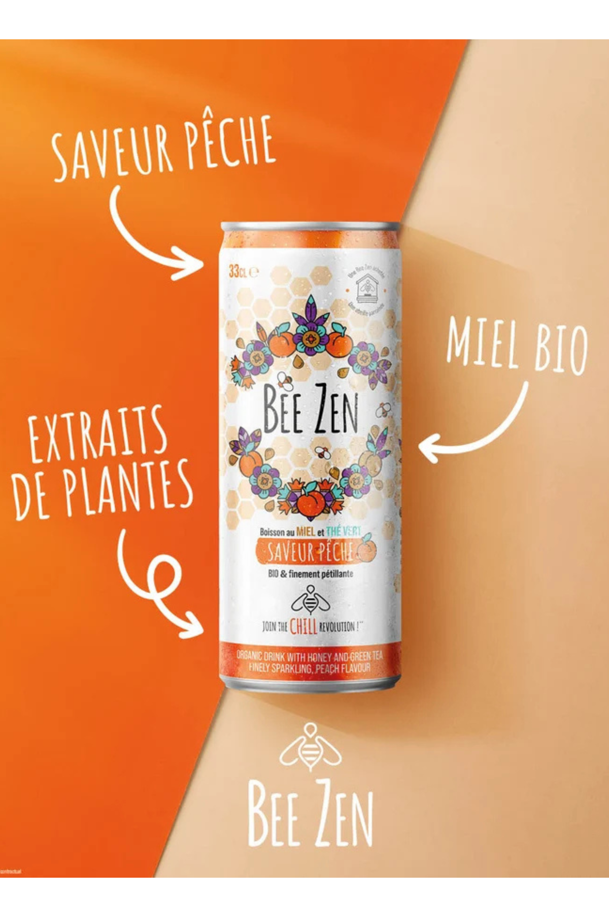 BEE ZEN Pêche – Boisson pétillante BIO au miel et aux plantes 33CL